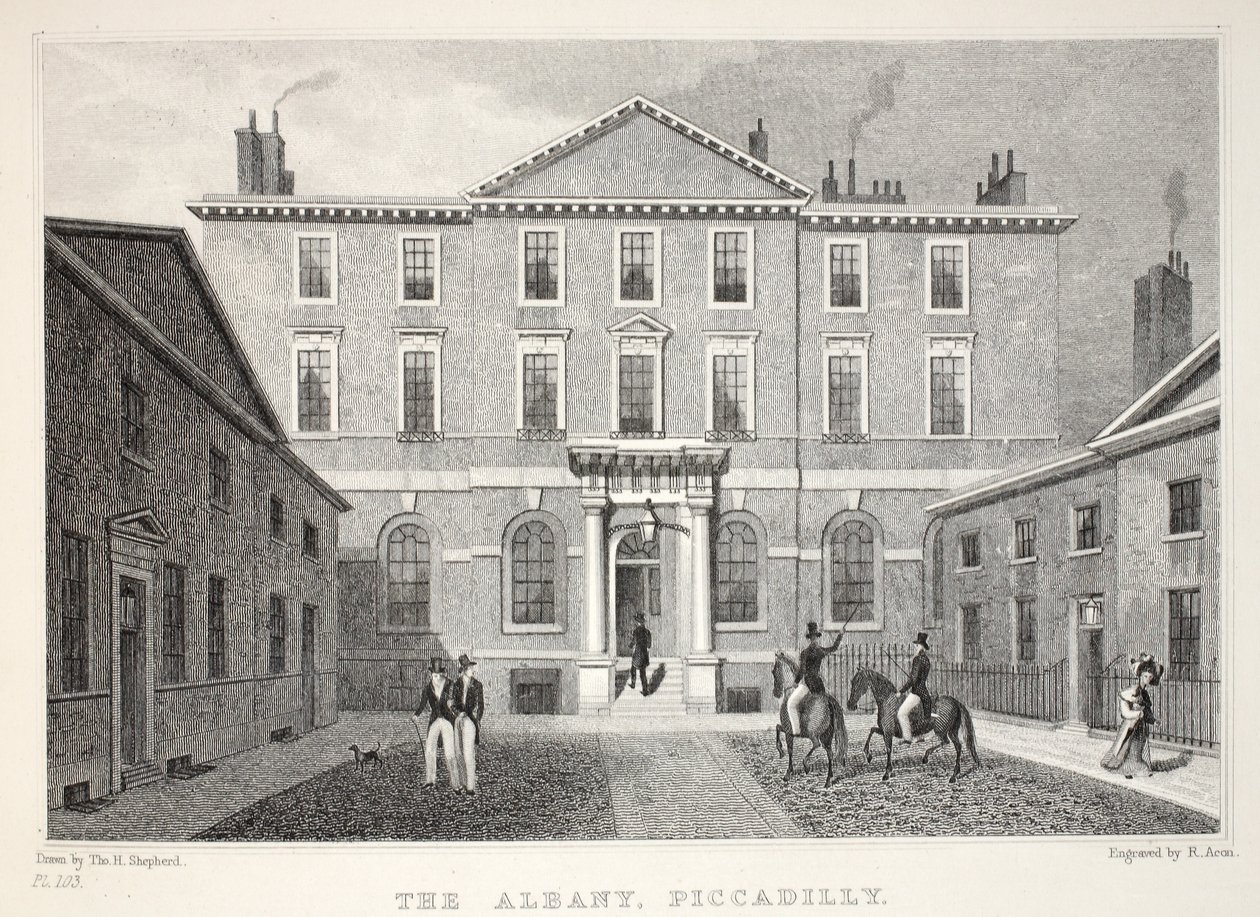 Albany, Piccadilly, "Lontoo ja sen ympäristö 1800-luvulla" -pubista. Jones und Co., 1827-1829 tekijältä Thomas Hosmer Shepherd