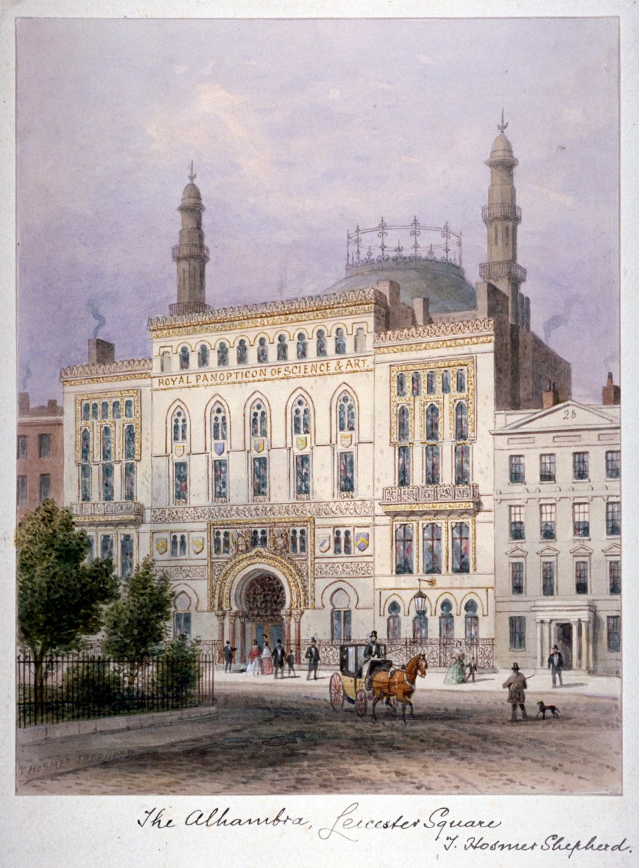 Alhambra, Leicester Square, Westminster, Lontoo, vuosi 1858 tekijältä Thomas Hosmer Shepherd