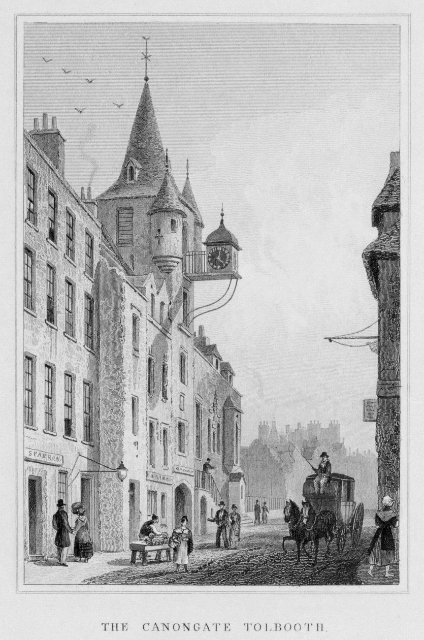 Canongate Tolbooth, Edinburgh, kaiverrus Thomas Barber, 1829 bw kuva) tekijältä Thomas Hosmer Shepherd