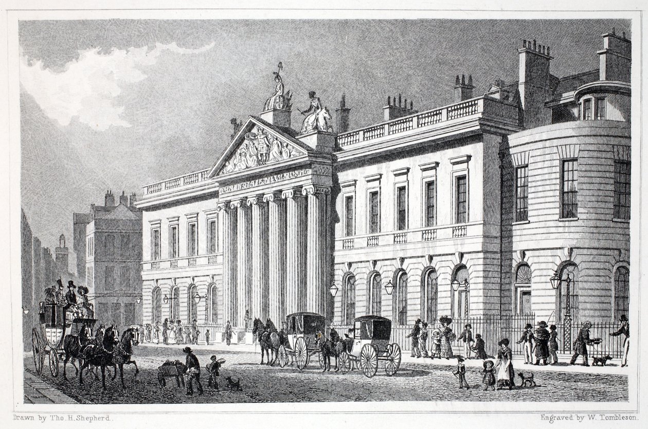 East India House, pubista "Lontoo ja sen ympäristö 1800-luvulla". Jones und Co., 1827-1829 tekijältä Thomas Hosmer Shepherd
