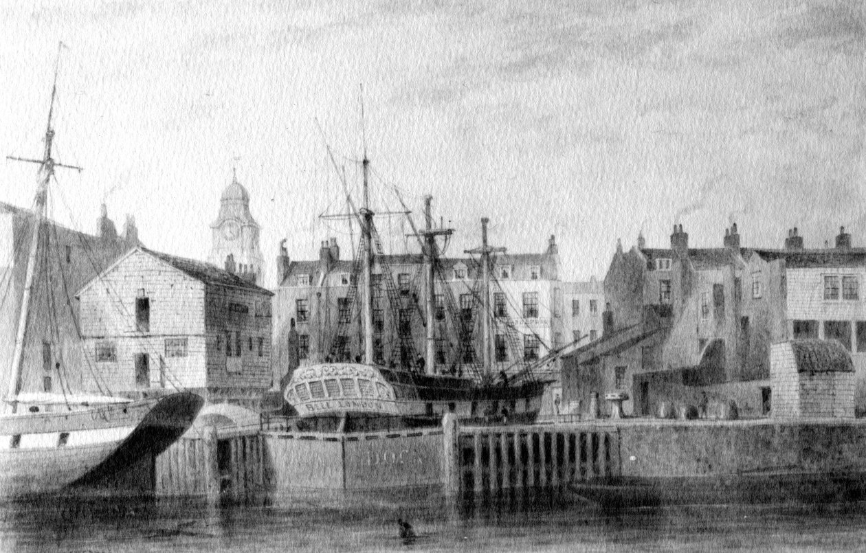 Gun Dock at Wapping, 1850 (kynä, muste ja pesu paperille) tekijältä Thomas Hosmer Shepherd