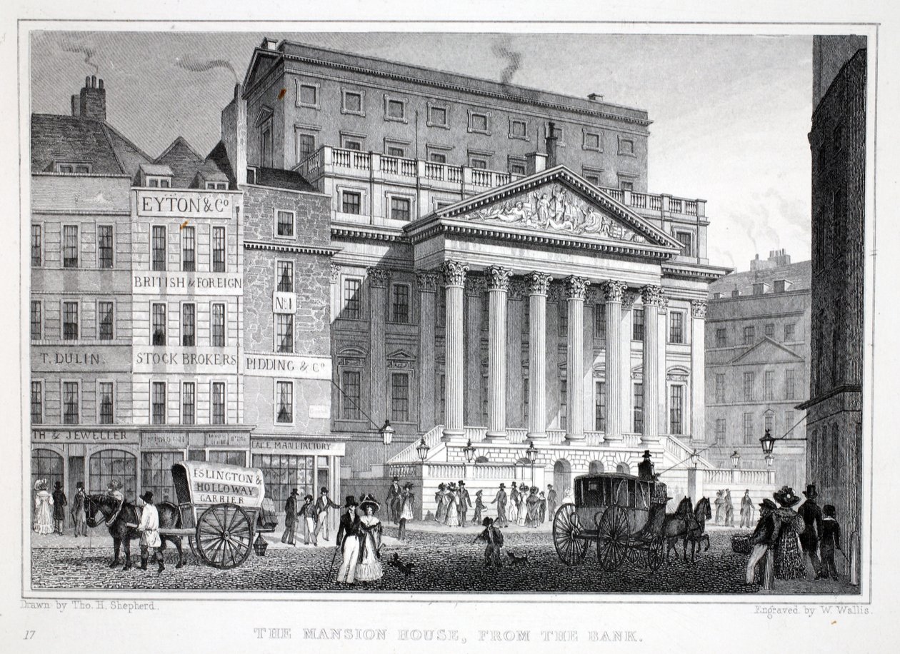 Mansion House, "Lontoo ja sen ympäristö 1800-luvulla" -pubista. Jones und Co., 1827-1829 tekijältä Thomas Hosmer Shepherd