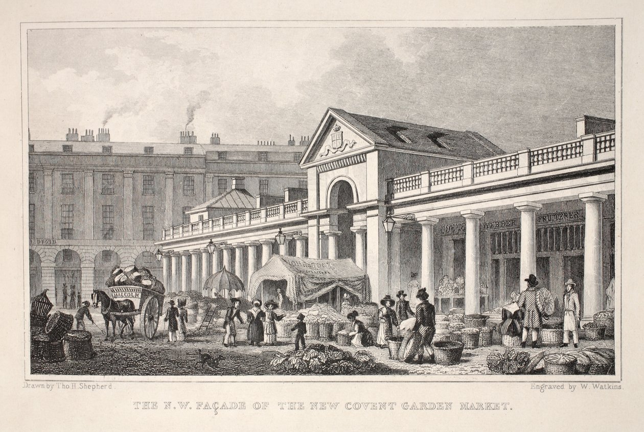 N.W. New Covent Garden Marketin julkisivu, pubista "Lontoo ja sen ympäristö 1800-luvulla". Jones und Co., 1827-1829 tekijältä Thomas Hosmer Shepherd