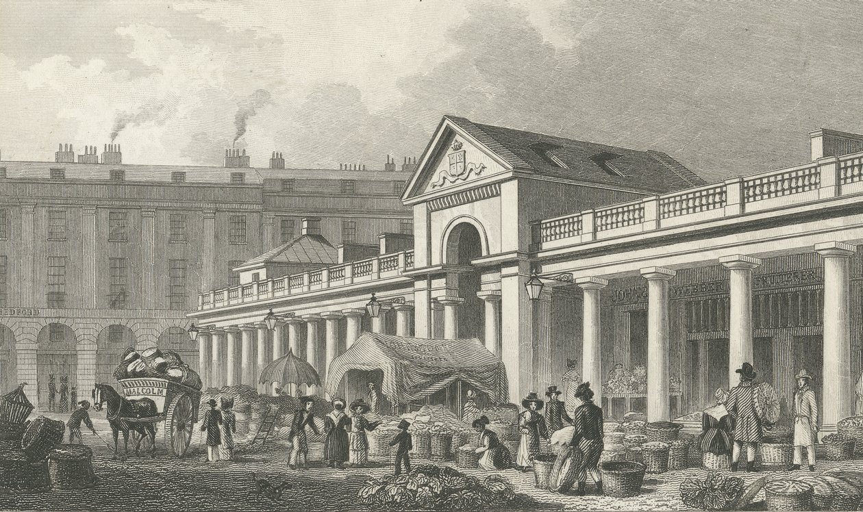 N.W. uuden Covent Gardenin markkinoiden julkisivu, 1827-30 tekijältä Thomas Hosmer Shepherd