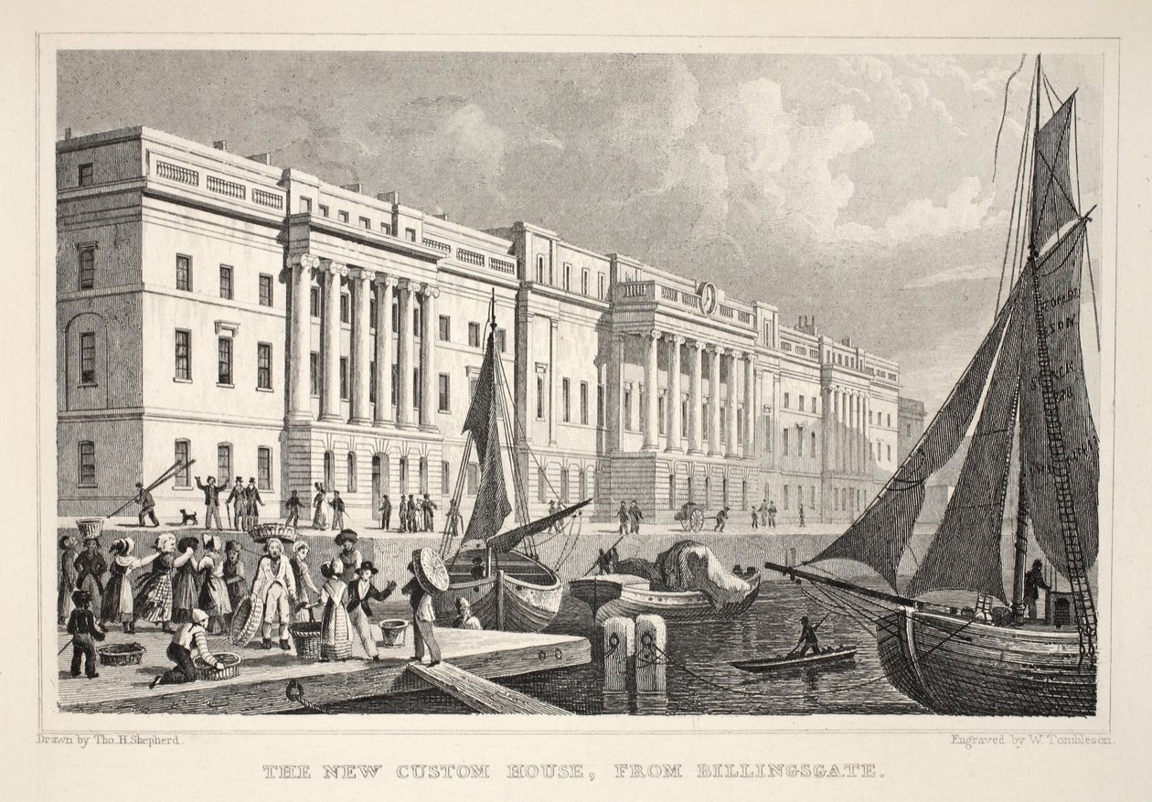 New Custom House, Billingsgate, "Lontoo ja sen ympäristö 1800-luvulla" -pubista. Jones und Co., 1827-1829 tekijältä Thomas Hosmer Shepherd