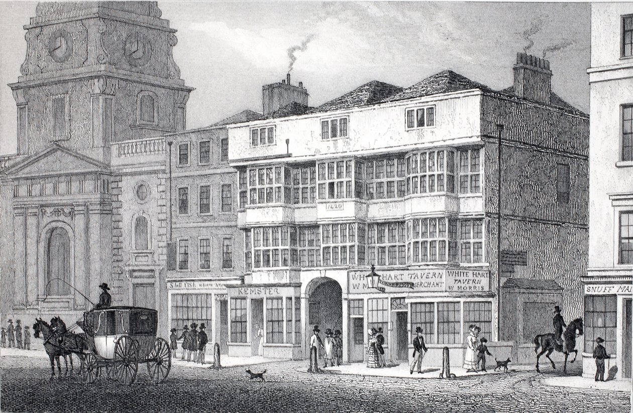 Old White Hart Tavern, Bishopsgate Street, "Lontoo ja sen ympäristö 1800-luvulla" -pubista. Jones und Co., 1827-1829 tekijältä Thomas Hosmer Shepherd