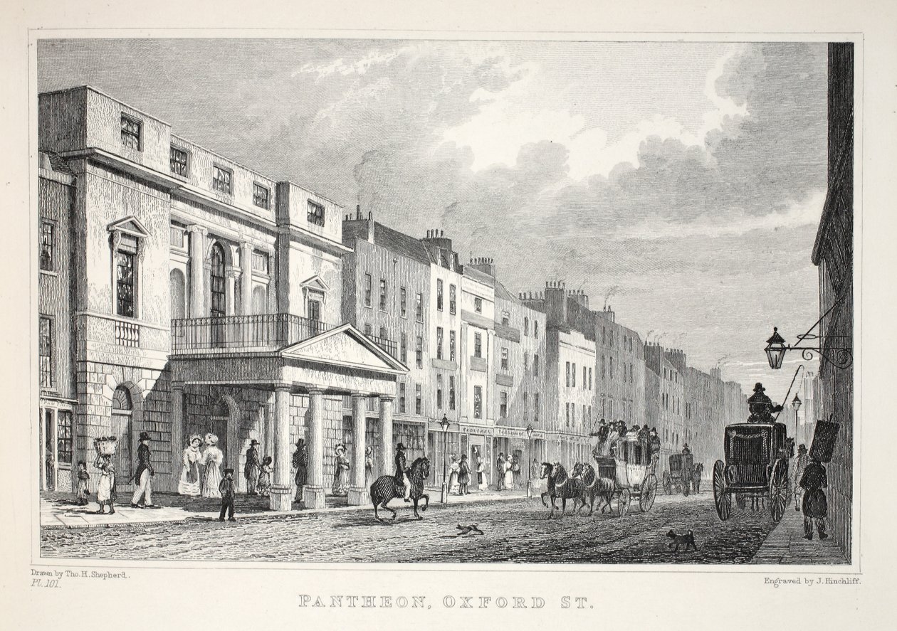 Pantheon, Oxford Street, "Lontoo ja sen ympäristö 1800-luvulla" -pubista. Jones und Co., 1827-1829 tekijältä Thomas Hosmer Shepherd