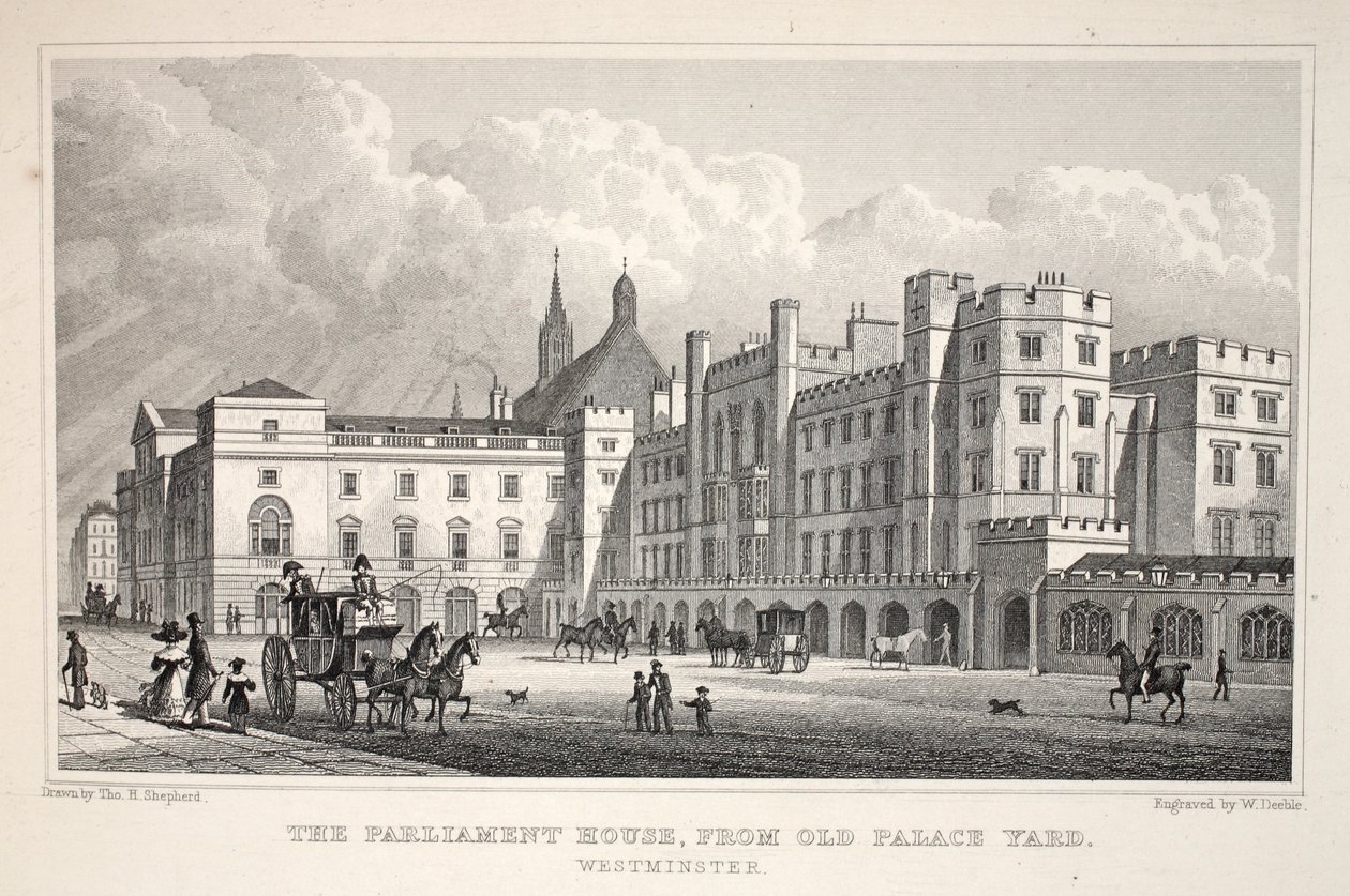 Parlamenttitalo Old Palace Yardista Westminsteristä, "Lontoo ja sen ympäristö 1800-luvulla" -pubista. Jones und Co., 1827-1829 tekijältä Thomas Hosmer Shepherd
