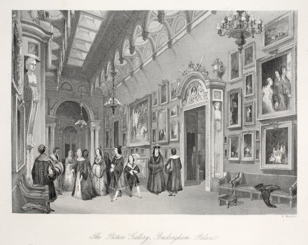 Kuvagalleria Buckinghamin palatsissa, "London Interiors with their Costumes and Ceremonies" -pubista. Joseph Mead, Lontoo, n. 1843 (teräskaiverrus) tekijältä Thomas Hosmer Shepherd