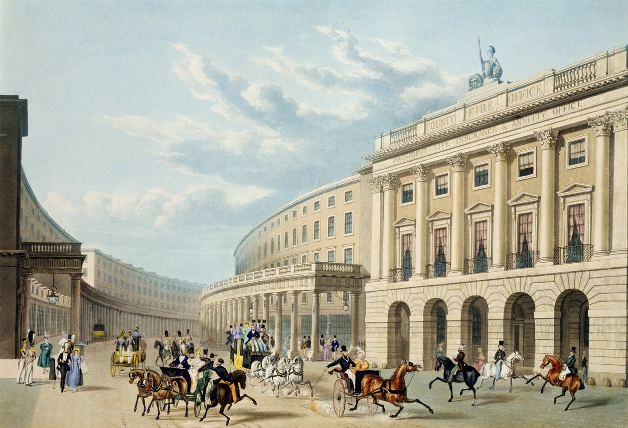 The Quadrant, Regent Street, Piccadilly Circus, julkaisija Ackermann, n. 1835-1850 (värillinen akvatinta) (katso myös 105298) tekijältä Thomas Hosmer Shepherd