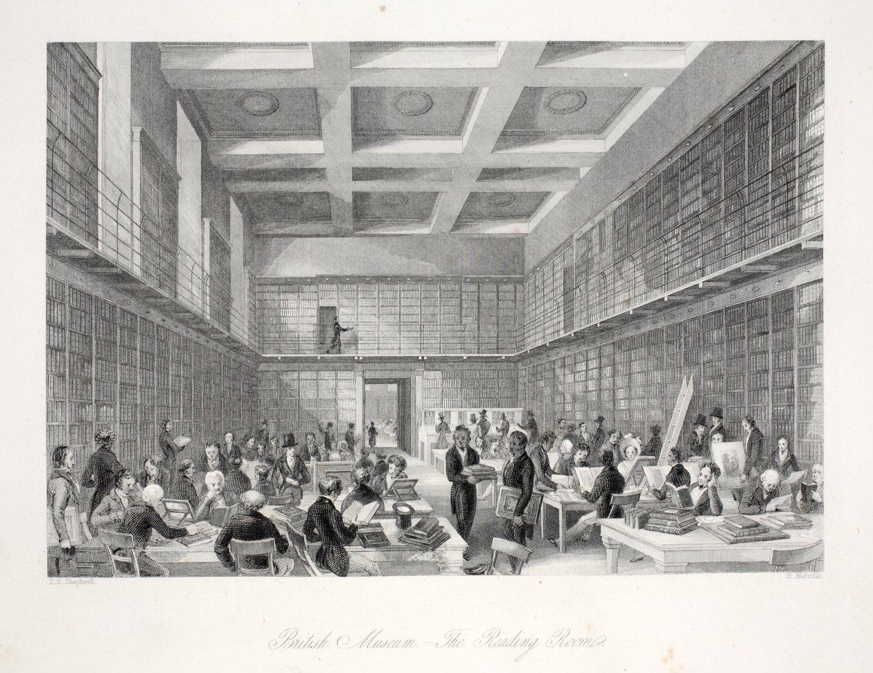 British Museumin lukusali ja kirjasto, "London Interiors with their Costumes and Ceremonies" -pubista. Joseph Mead, Lontoo, n. 1843 (teräskaiverrus) tekijältä Thomas Hosmer Shepherd