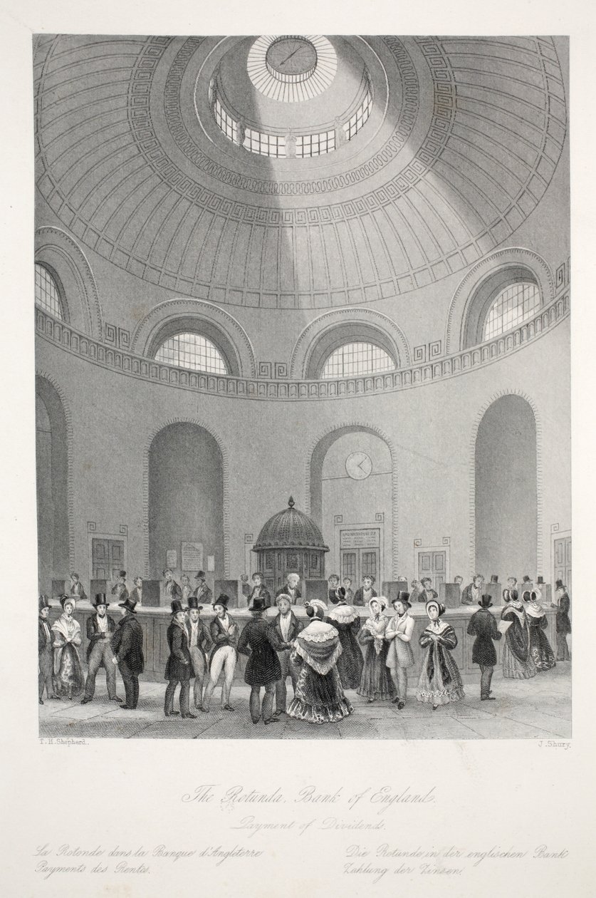 Englannin keskuspankin Rotunda, julkaisusta "London Interiors with their Costumes and Ceremonies". Joseph Mead, Lontoo, noin 1843 (teräskaiverrus). tekijältä Thomas Hosmer Shepherd