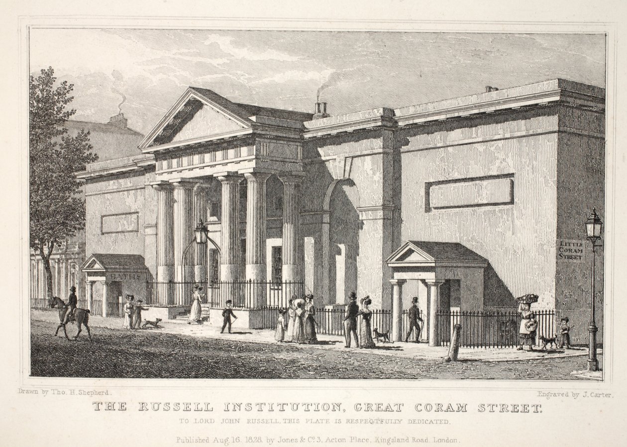 Russell Institution, Great Coram Street, "Lontoo ja sen ympäristö 1800-luvulla" -pubista. Jones und Co., 1827-1829 tekijältä Thomas Hosmer Shepherd