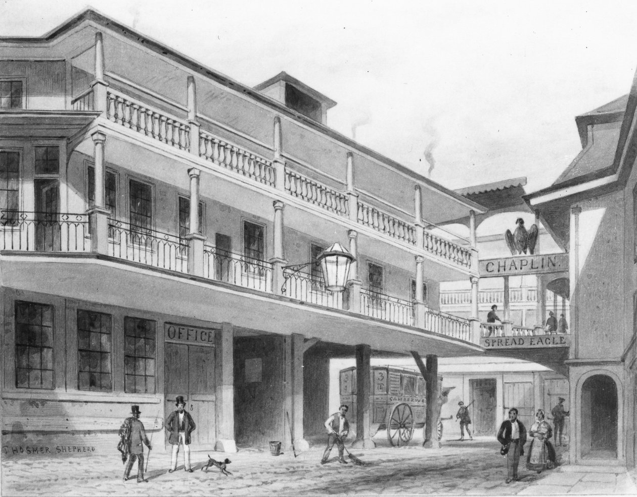 The Spread Eagle Gracechurch Street (akvarelli) tekijältä Thomas Hosmer Shepherd