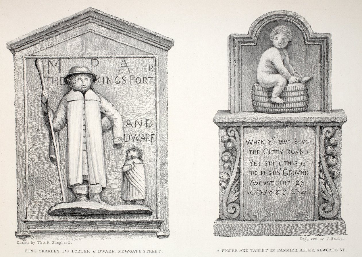 The Tablet in Pannier Alley - King Charlesin Porter and Dwarf, "Lontoo ja sen ympäristö 1800-luvulla" -pubista. Jones und Co., 1827-1829 tekijältä Thomas Hosmer Shepherd
