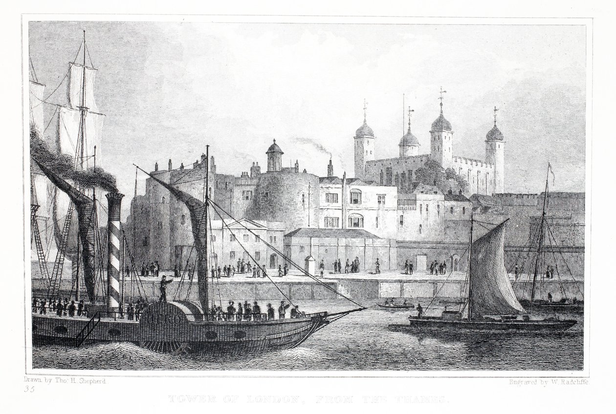 Lontoon Tower, Thamesista, "Lontoo ja sen ympäristö 1800-luvulla" -pubista. Jones und Co., 1827-1829 tekijältä Thomas Hosmer Shepherd