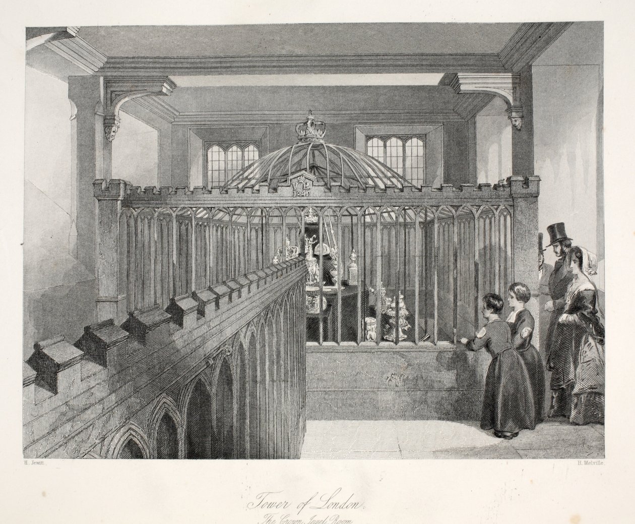 Tower of London, The Crown Jewel Room, "London Interiors with their Costumes and Ceremonies" -pubista. Joseph Mead, Lontoo, n.1843 (teräskaiverrus) tekijältä Thomas Hosmer Shepherd