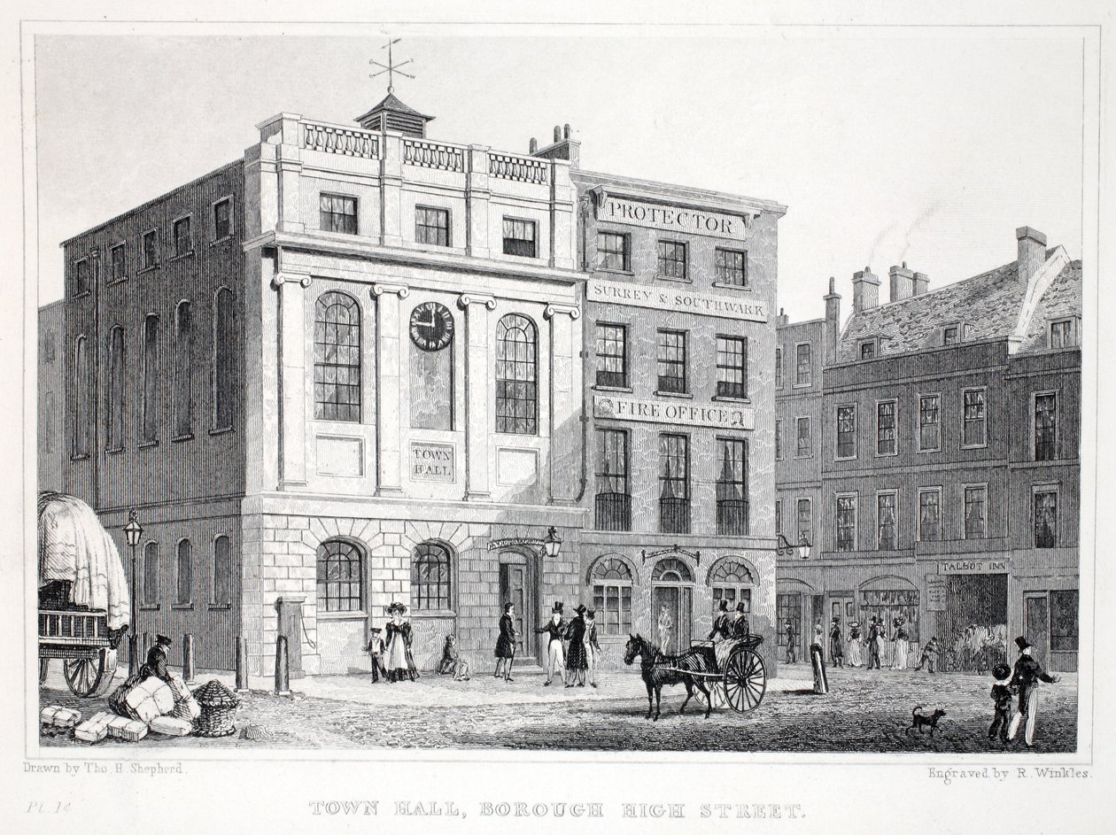 Town Hall, Borough High Street, "Lontoo ja sen ympäristö 1800-luvulla" -pubista. Jones und Co., 1827-1829 tekijältä Thomas Hosmer Shepherd