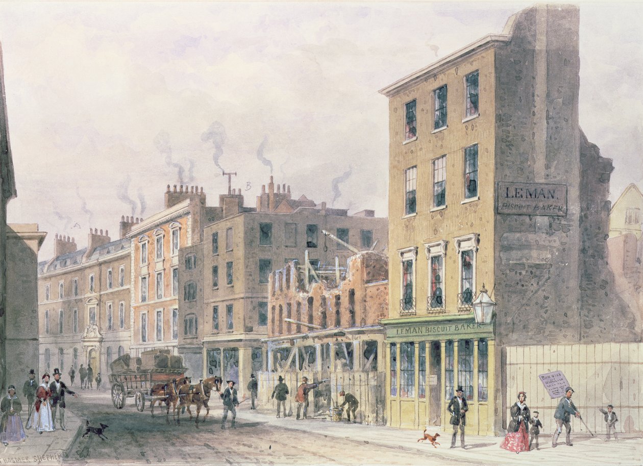 Näkymä Threadneedle Streetillä, alas parannusten vuoksi, Merchant Taylors, Hall tai Alderman Moon Print Shop Finch Lanen kulmassa tekijältä Thomas Hosmer Shepherd