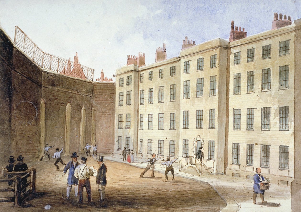 Näkymä Fleet Prison -vankilaan tenniskentältä, Lontoon kaupunki, 1845 tekijältä Thomas Hosmer Shepherd