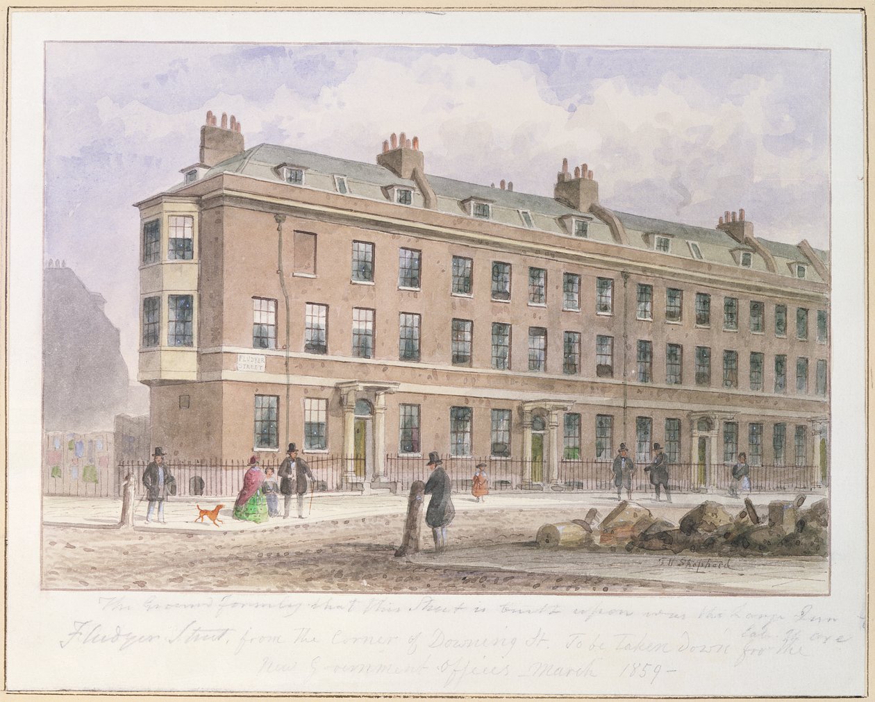 Näkymä Fludyer Street -kadulta kohti Parliament Streetiä, 1859 tekijältä Thomas Hosmer Shepherd