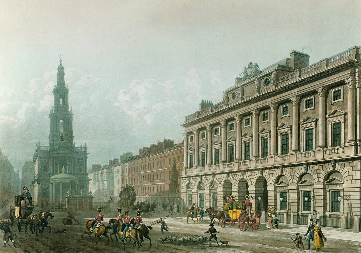 Näkymä Somerset Housesta, Strandista, kaiverrus J. Bluck (fl.1791-1831), pub. 1819, Ackermannin "Taidevarasto" (akvatinta) tekijältä Thomas Hosmer Shepherd