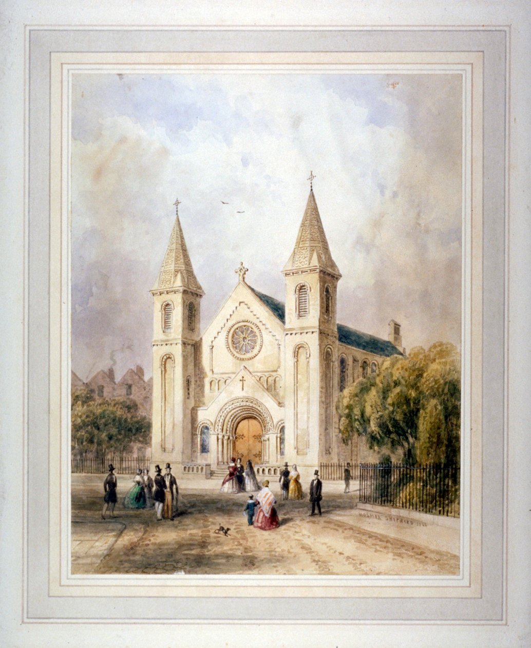 Näkymä tuntemattomasta uskonnollisesta rakennuksesta Regent Squarella, St Pancras, Lontoo, 1842. tekijältä Thomas Hosmer Shepherd