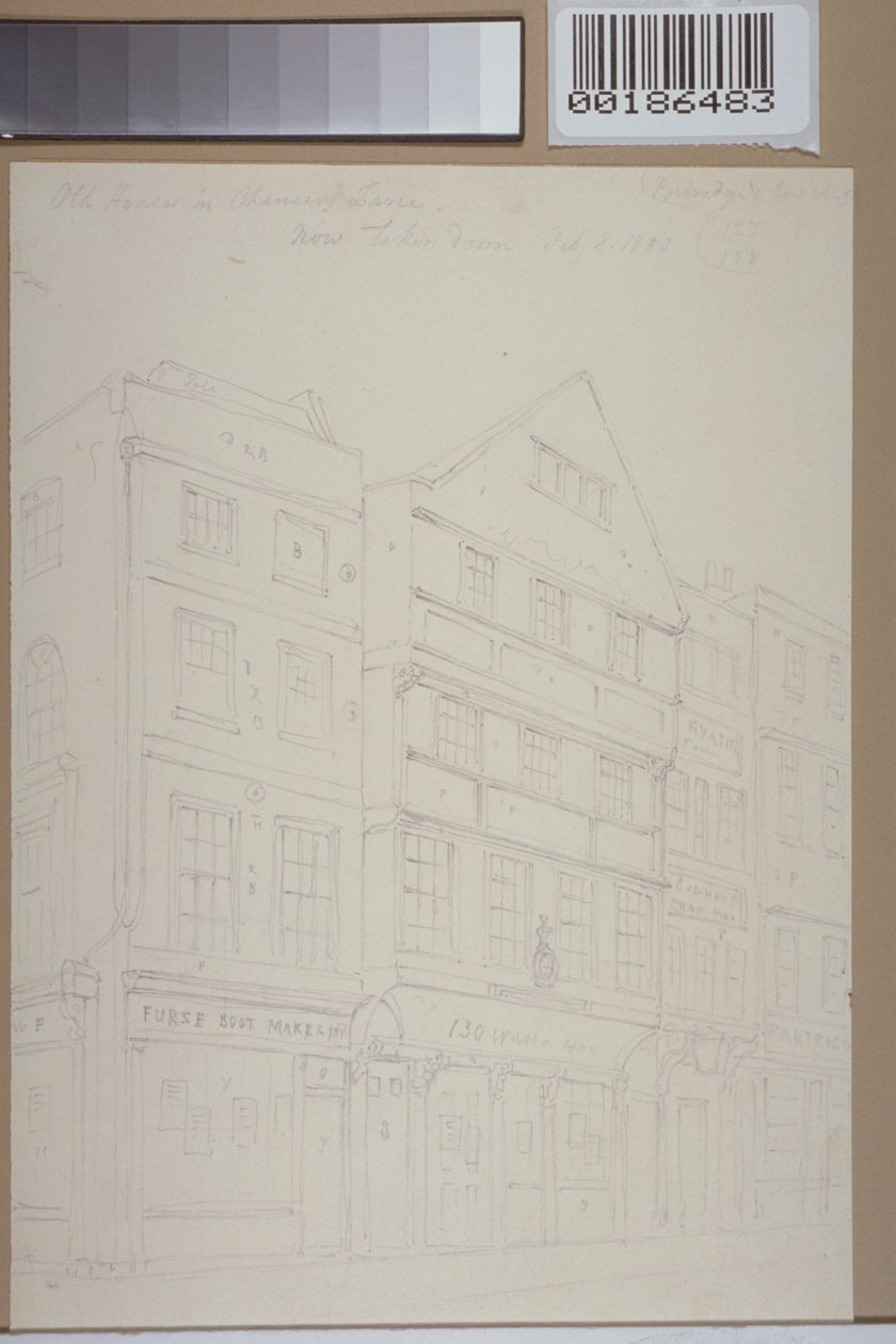Näkymä vanhoista taloista Chancery Lanella, 1853 tekijältä Thomas Hosmer Shepherd