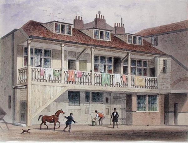 Näkymä Black Lion Innistä, Whitefriars Street, n. 1855 (akvarelli paperille) tekijältä Thomas Hosmer Shepherd