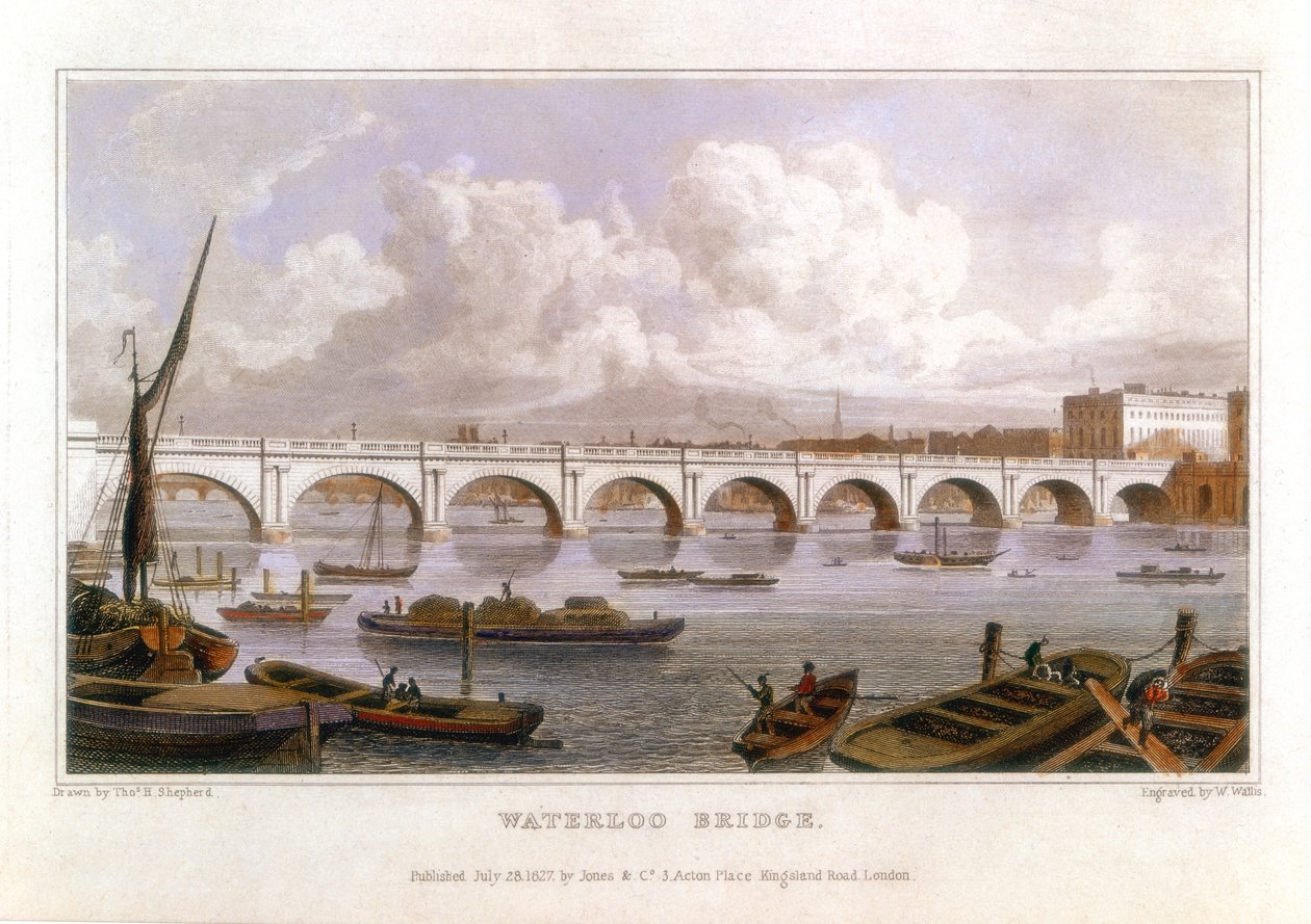 Waterloo Bridge, Lontoo, Thamesin yli, 1817 tekijältä Thomas Hosmer Shepherd