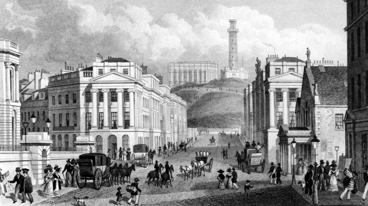 Waterloo Place, National ja Nelsonin monumentit ja Calton Hill, Edinburgh, kaiverrus Thomas Barber, 1829 tekijältä Thomas Hosmer Shepherd