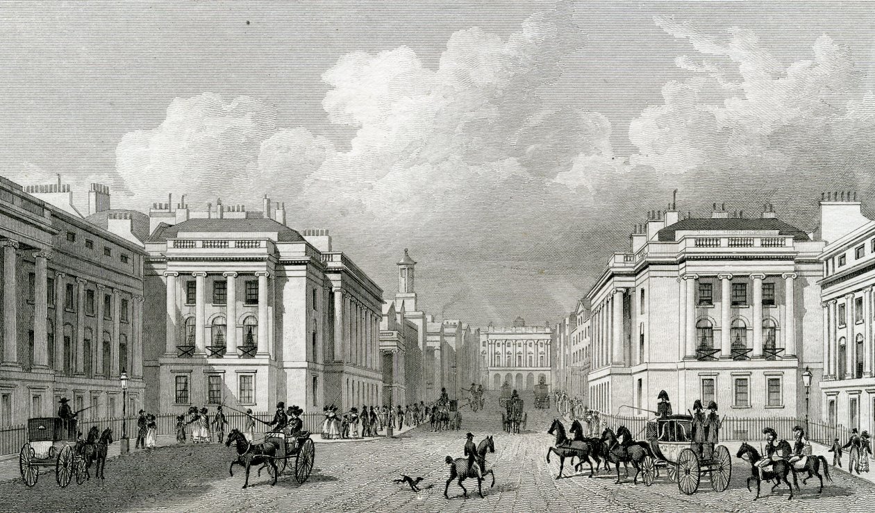 Waterloo Place ja osa Regent Streetiä, pub.1828 tekijältä Thomas Hosmer Shepherd