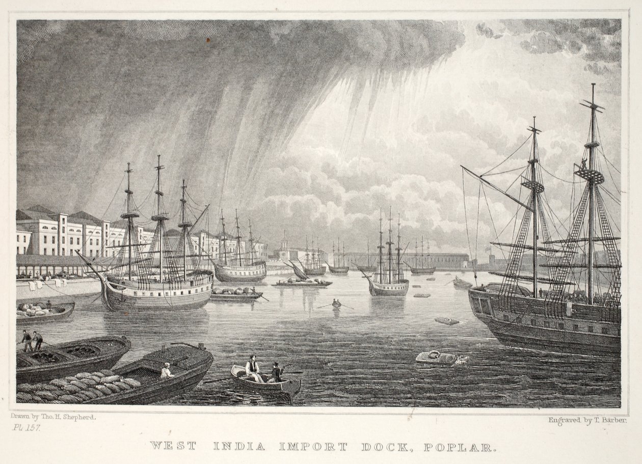West India Docks, Isle of Dogs, Lontoosta ja sen Environs in the Nineteenth Century -pubista. Jones und Co., 1827-1829 tekijältä Thomas Hosmer Shepherd