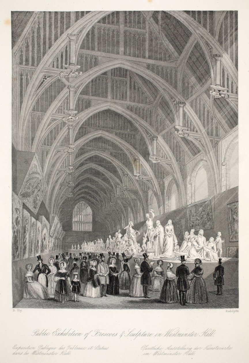 Westminster Hall, "London Interiors with their Costumes and Ceremonies" -pubista. Joseph Mead, Lontoo, n.1843 (teräskaiverrus) tekijältä Thomas Hosmer Shepherd