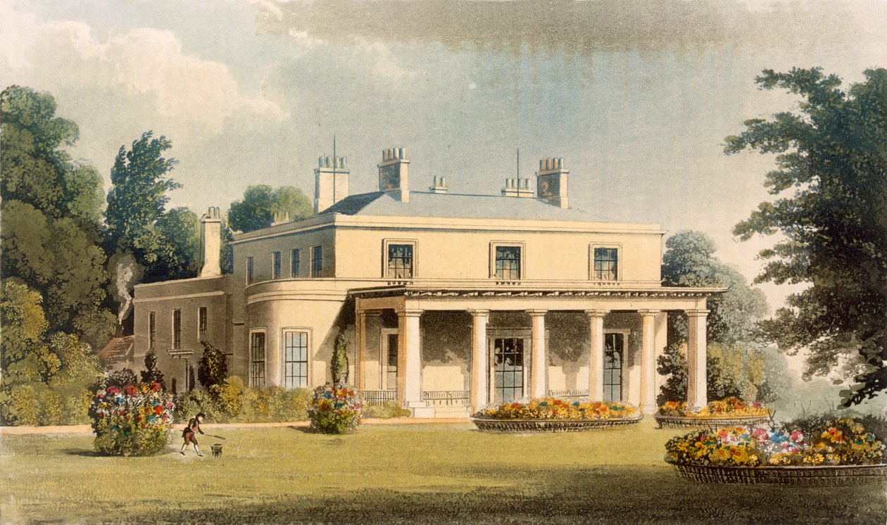 Wimbledon Park, R. Ackermannin (1764-1834) "Repository of Arts", 1823 (värikaiverrus). tekijältä Thomas Hosmer Shepherd