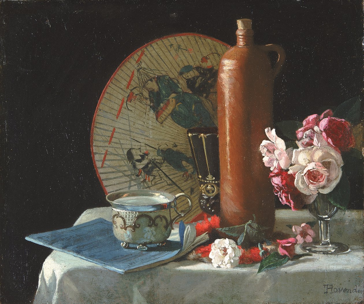 Asetelma viuhkan ja ruusujen kanssa, 1874. tekijältä Thomas Hovenden