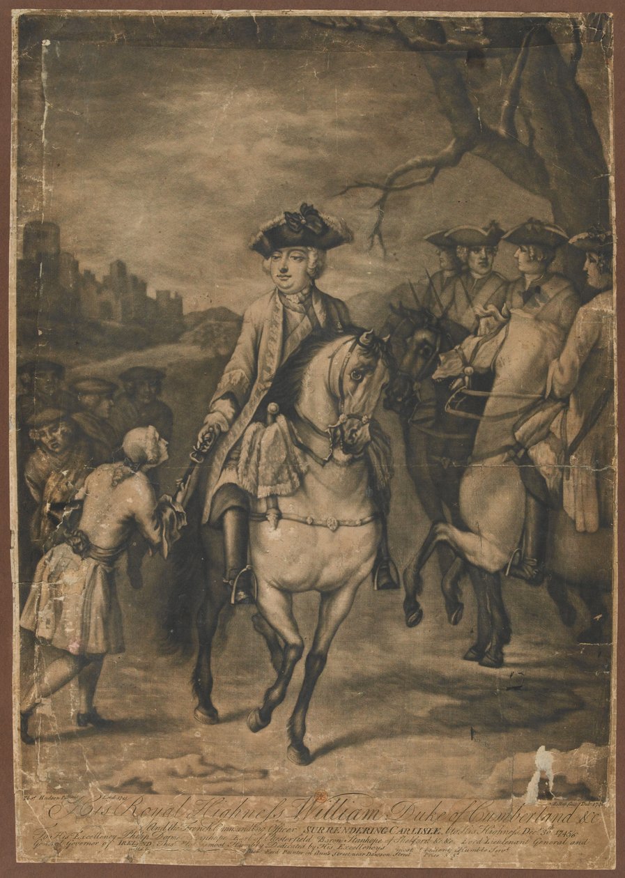 H.R.H. Cumberlandin herttua ja ranskalainen komentaja luovuttamassa Carlislen Hänen korkeudelleen, 30. joulukuuta 1745, 1746 (mezzotint) tekijältä Thomas Hudson
