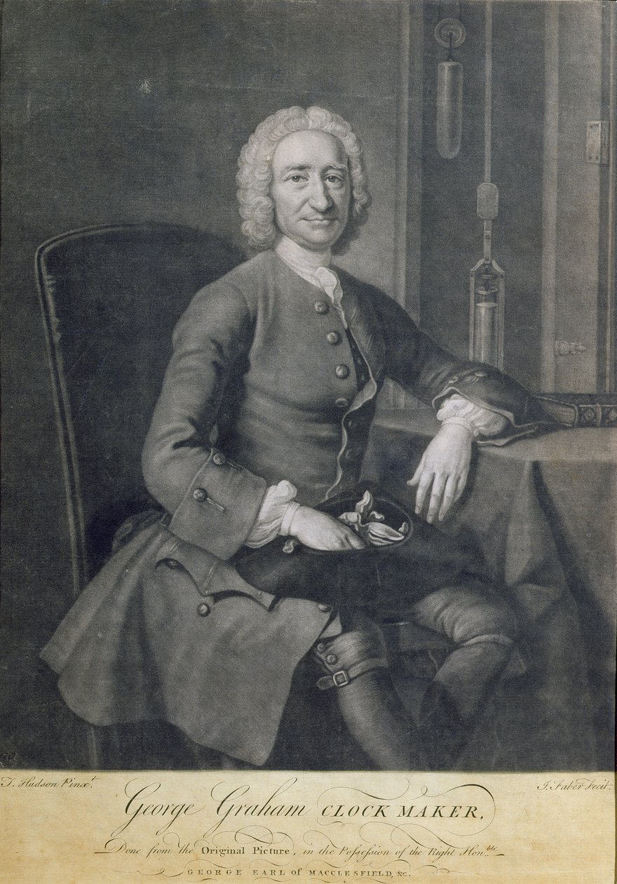 George Grahamin (1673-1751) kelloseppä muotokuva, kaiverrus John Faber (1684-1756) tekijältä Thomas Hudson