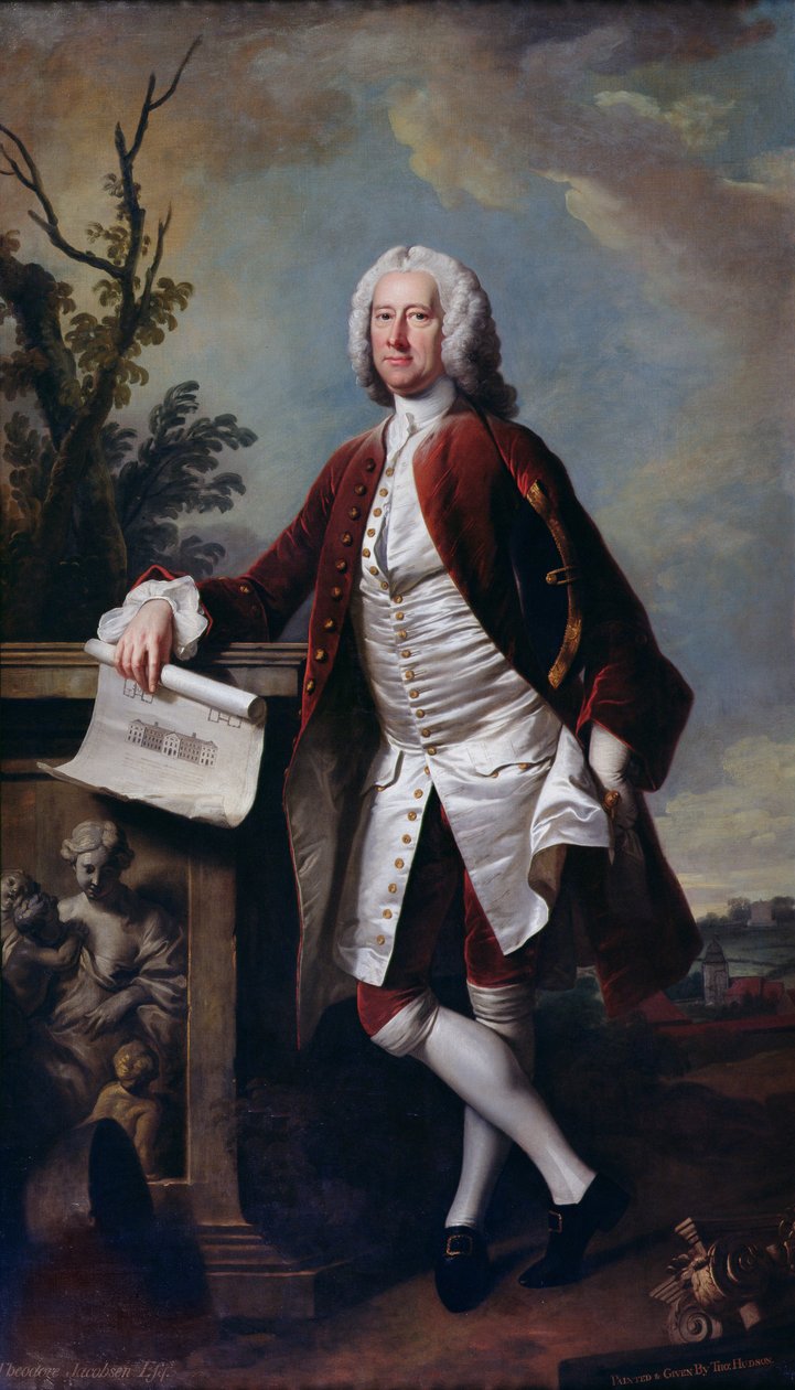 Muotokuva Theodore Jacobsenista, Foundlingin sairaalan arkkitehtuurista, kädessään piirustus länsirintamasta, n. 1742 tekijältä Thomas Hudson