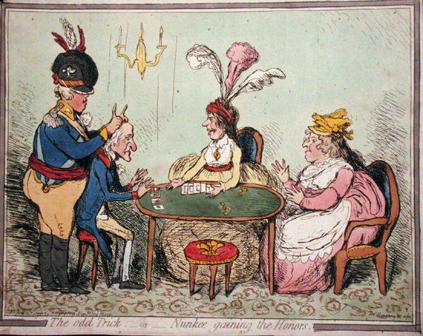 Odd Trick tai Nunkee Gaining the Honours, julkaisija Hannah Humphrey vuonna 1796 (käsinvärinen etsaus) tekijältä Thomas Humphrey