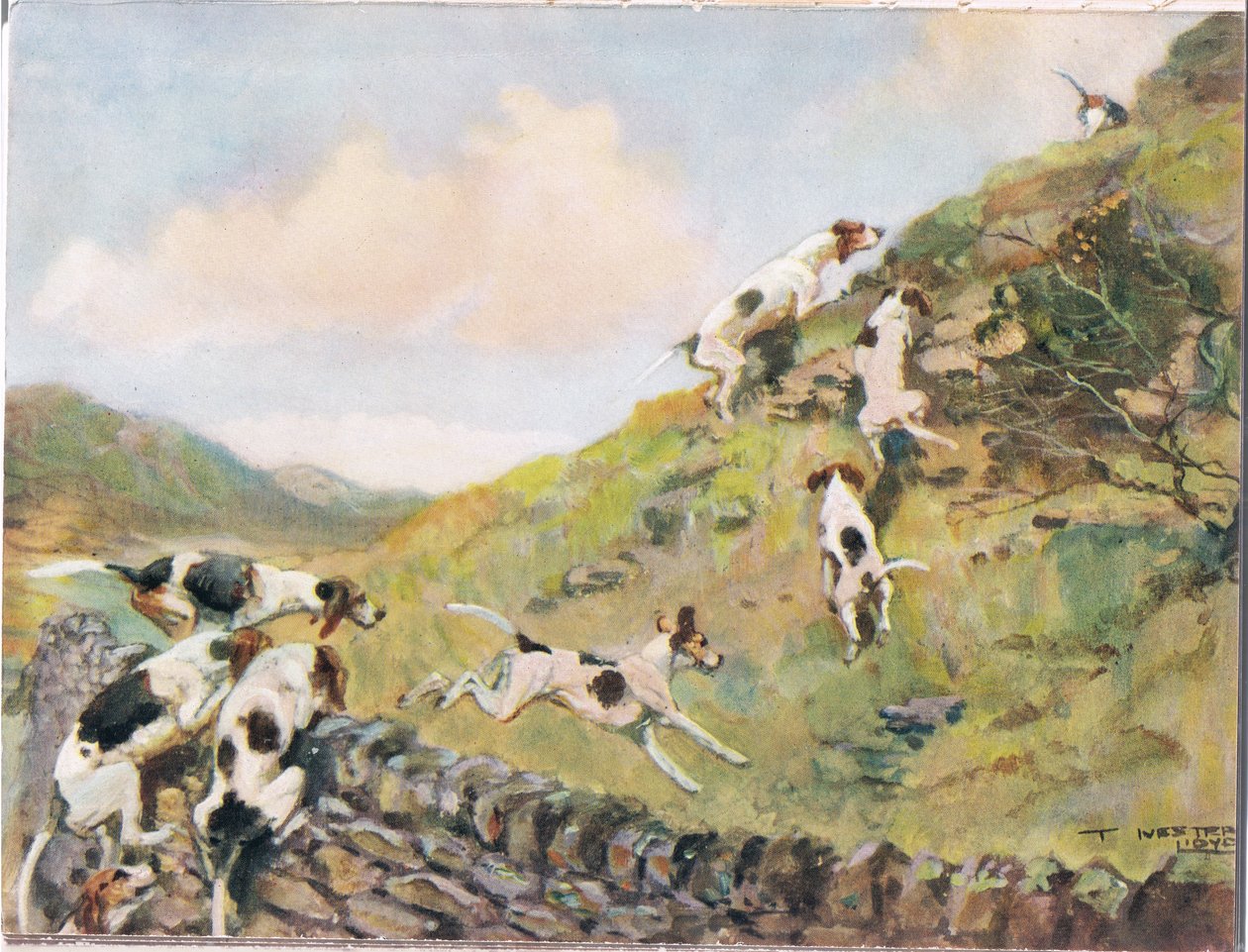 Seinän yli ryömiminen, kuvitus kirjasta "Hounds" tekijältä Thomas Ivester Lloyd