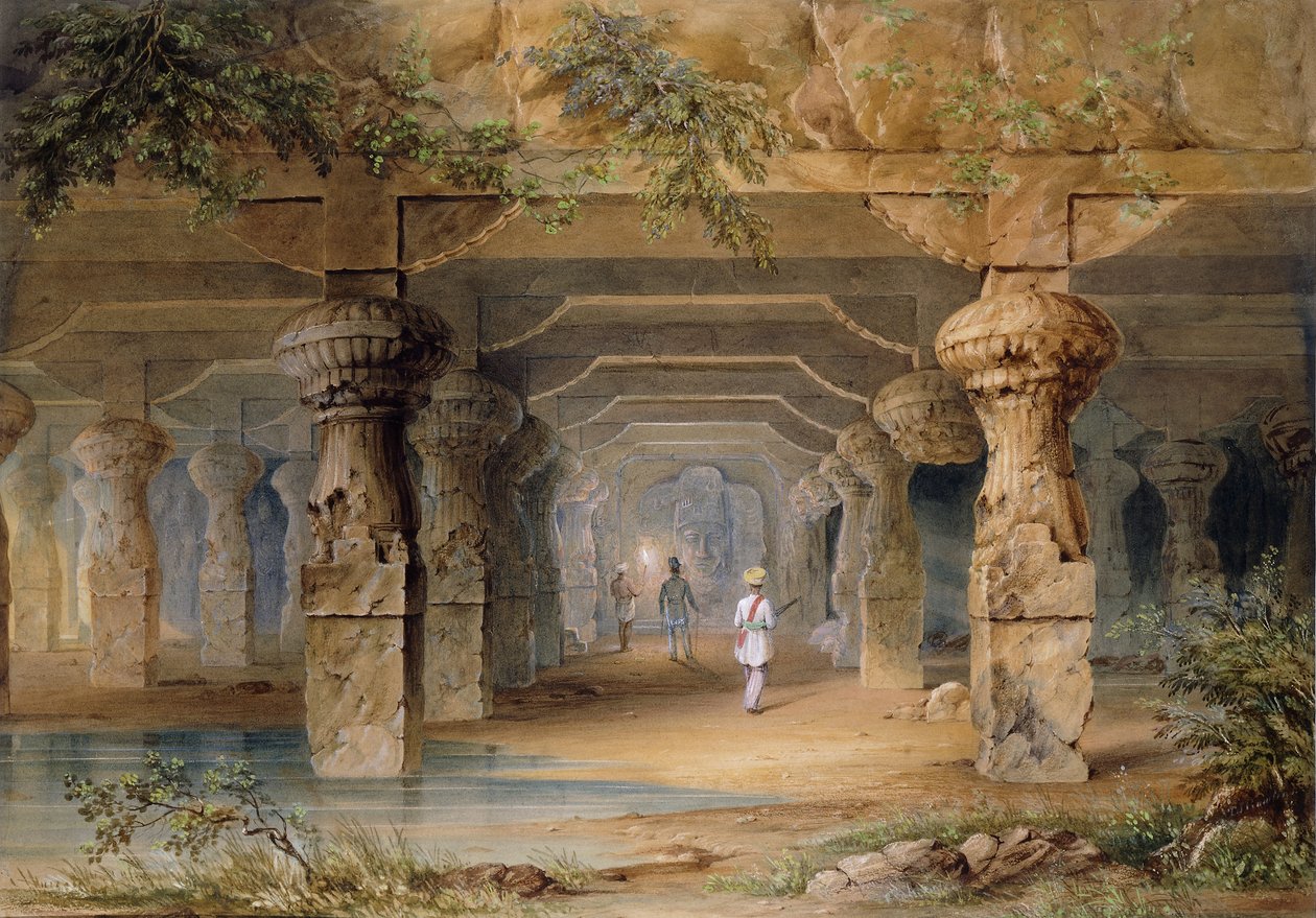 Suuren luolan sisustus, Elephanta, Bombay, 1800-luku tekijältä Thomas J. Rawlins