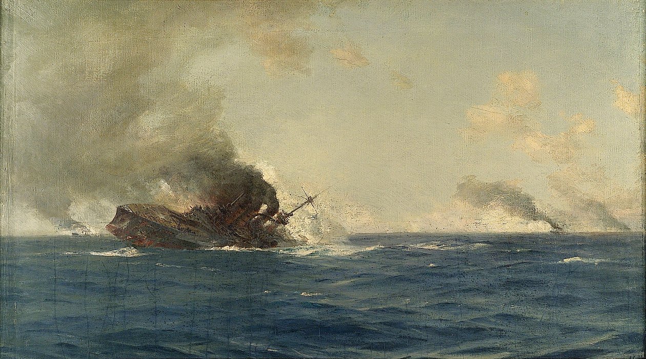 Scharnhorst-aluksen uppoaminen Falklandinsaarten taistelussa 8. joulukuuta 1914, noin 1915 (öljy kankaalle). tekijältä Thomas J. Somerscales