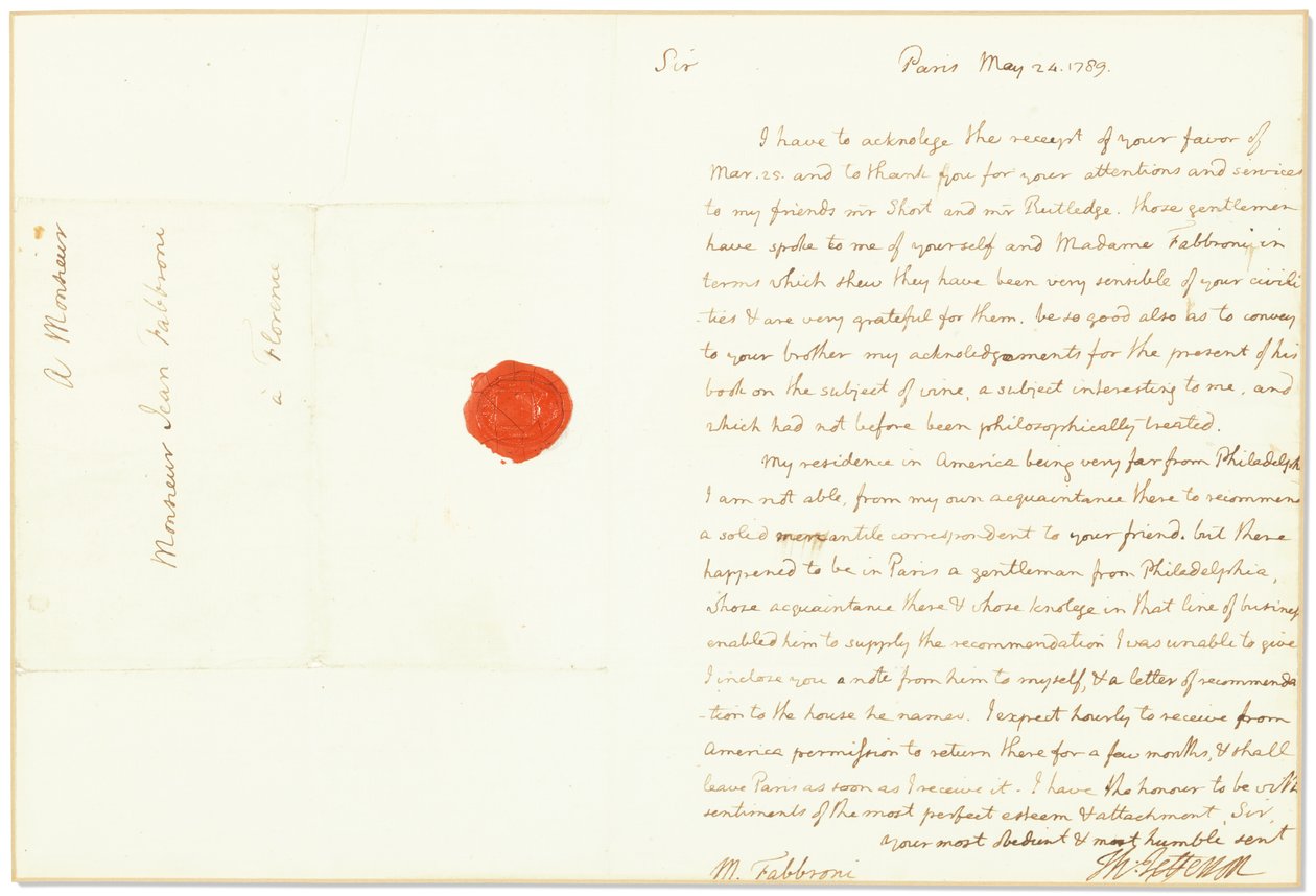 Nimikirjoituskirje Yhdysvaltain Ranskan-suurlähettiläänä Giovanni Fabbronille, Pariisi, 24. toukokuuta 1789 tekijältä Thomas Jefferson