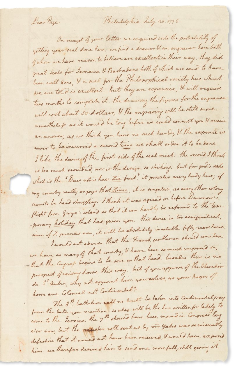 Nimikirjoituskirje John Pagelle, Philadelphia, 30. heinäkuuta 1776 tekijältä Thomas Jefferson