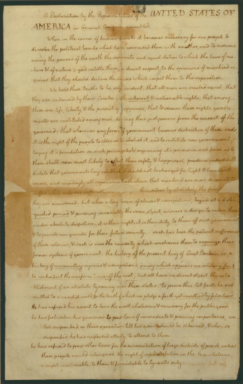 Luonnos itsenäisyysjulistukseksi, 4. heinäkuuta 1776 tekijältä Thomas Jefferson
