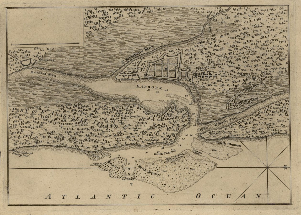 (Suunnitelma St. Augustinen kaupungista ja satamasta). LOC 75693262 tekijältä Thomas Jefferys