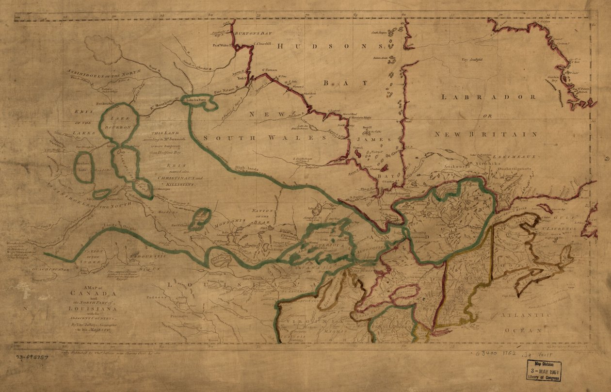 Kartta Kanadasta ja Louisianan pohjoisosasta sekä naapurimaista. LOC 73695757 tekijältä Thomas Jefferys