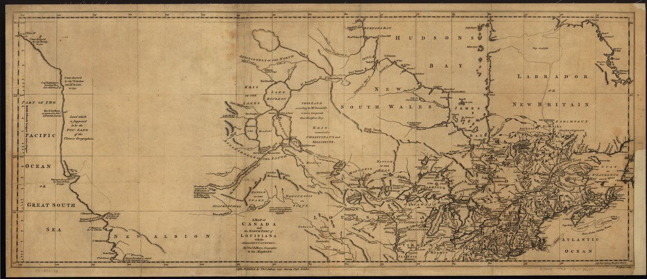 Kartta Kanadasta ja Louisianan pohjoisosasta sekä naapurimaista. LOC 73695758 tekijältä Thomas Jefferys