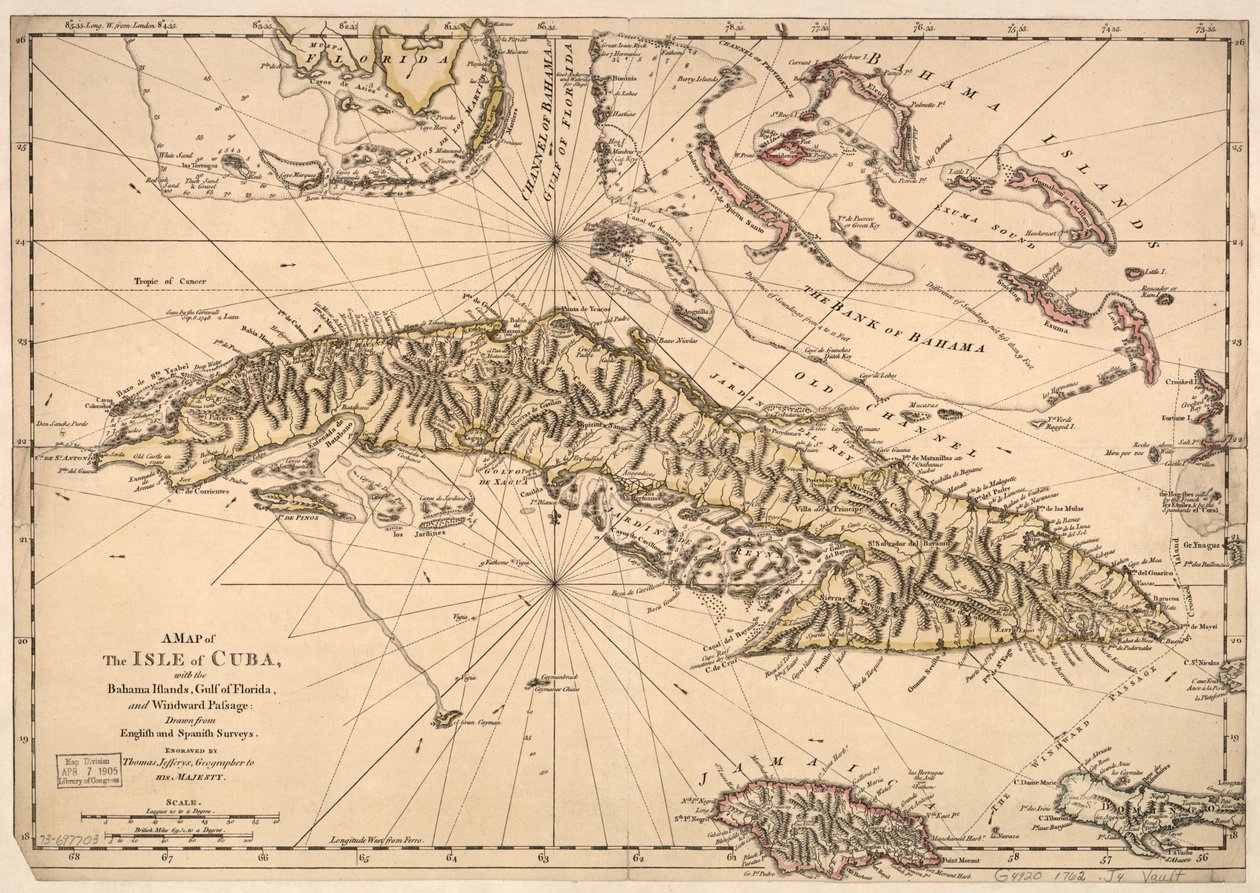 Kartta Kuuban saaresta, Bahama-saarista, Floridanlahdesta ja Windward Passagesta - Englantilaisten ja espanjalaisten kartoitusten perusteella laadittu. LOC 73697703 tekijältä Thomas Jefferys